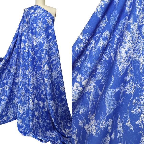 EXCLUSIVE 90% Linen 10% Silk –Toile de Jouy ~ 'Safari' Bright Blue REVERSE